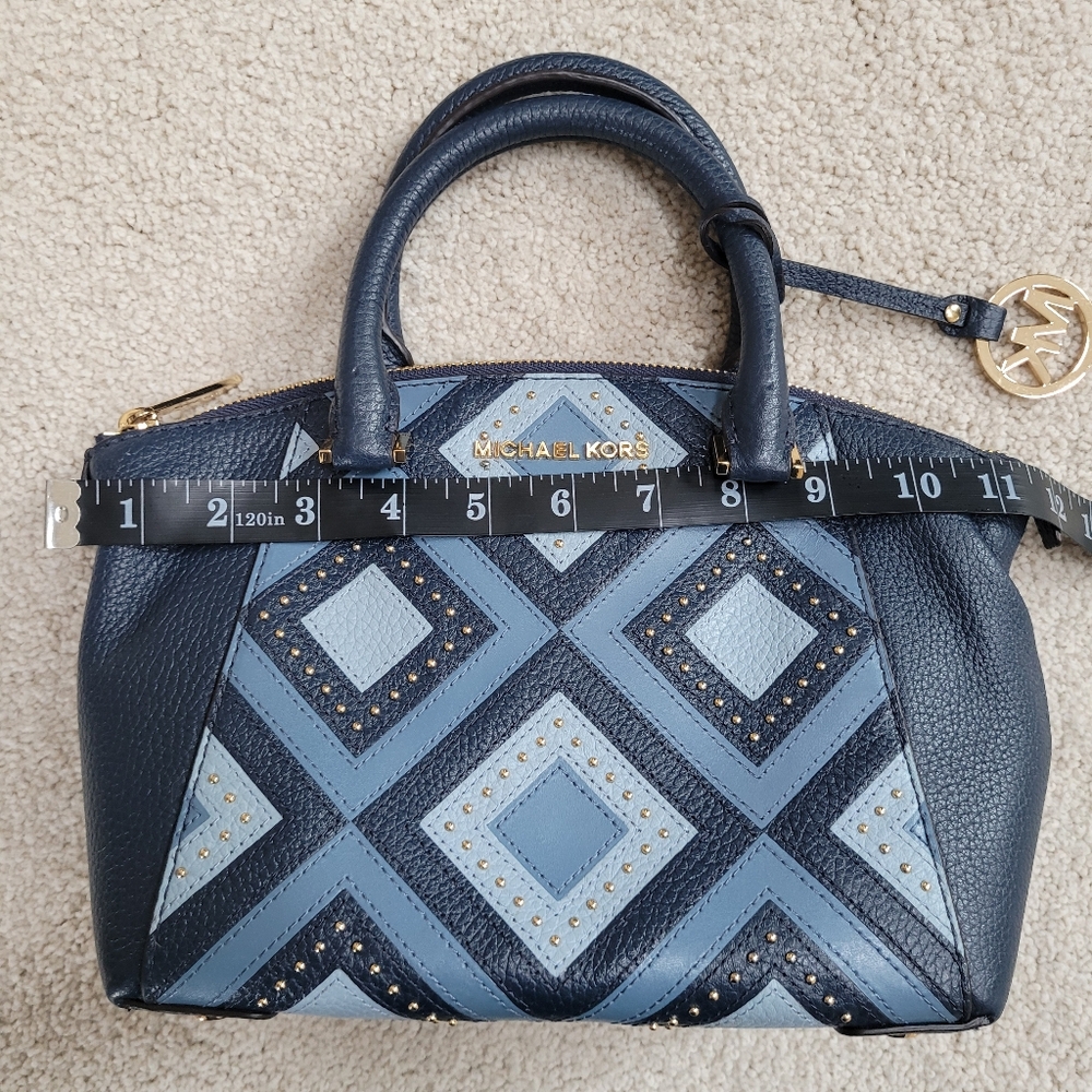 Like New Michael Kors Riley Blue Studded Patchwork Satchel - Picture 10 of 15